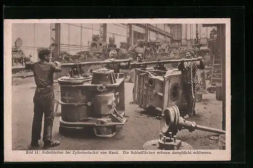 AK Hannover-Linden, Hanomag, Herstellung eines Lokomotiv-Zylinders, Aufschleifen von Hand