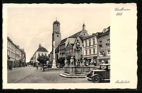 AK Weilheim /Obb., Stadtplatz mit Säulendenkmal und Kirche