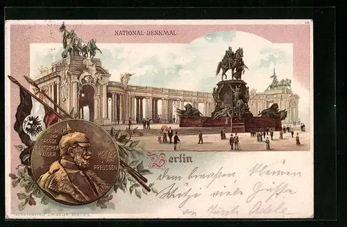 Lithographie Berlin, National-Denkmal, Kaiser Wilhelm, Fahnen