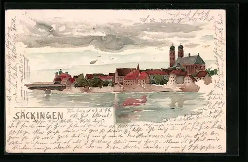 Lithographie Säckingen, Ortsansicht vom Wasser aus