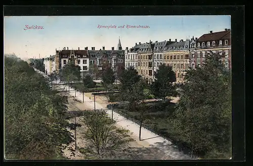 AK Zwickau, Römerplatz und Römerstrasse aus der Vogelschau