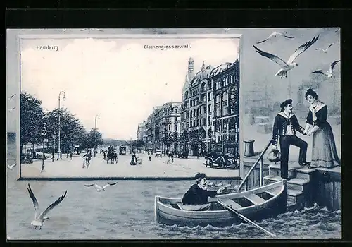 Passepartout-AK Hamburg, Partie am Glockengiesserwall, Matrosen-Abschied mit Ruderboot