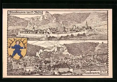 Künstler-AK Blaubeuren, Gesamtansicht im 17. Jahrhundert und in der Neuzeit, Wappen