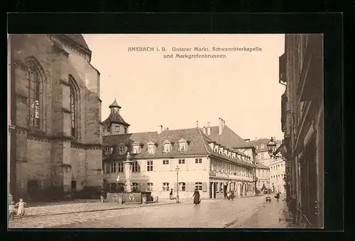 AK Ansbach i. B., Unterer Markt, Schwanritterkapelle und Markgrafenbrunnen
