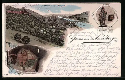 Lithographie Heidelberg, Gesamtansicht, Perkeo, grosses Fass