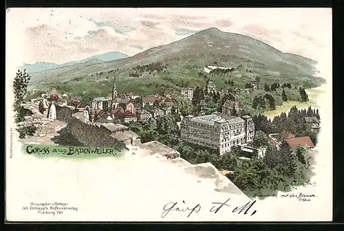 Lithographie Badenweiler, Blick vom Berg auf den Ort