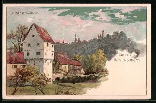 Lithographie Rothenburg o. T., Topplerschlösschen, Turm