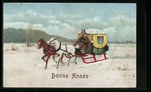AK Pferdeschlitten mit Kutscher im Mantel, Neujahrsgruss