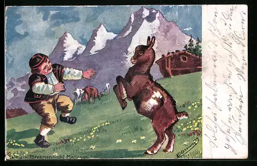AK Bub beim Tanz mit einer Ziege auf der Alm