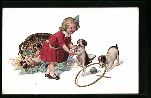 AK Kleines Mädchen beim Spiel mit jungen Hunden