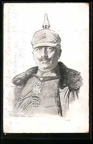 Künstler-AK Kaiser Wilhelm II. in Uniform, Mantel und Pickelhaube
