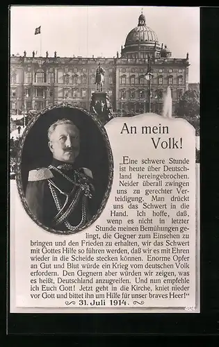 AK Kaiser Wilhelm II. und Ansprache 1914
