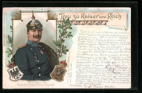 Lithographie Treu zu Kaiser und Reich, Kaiser Wilhelm II. in Uniform