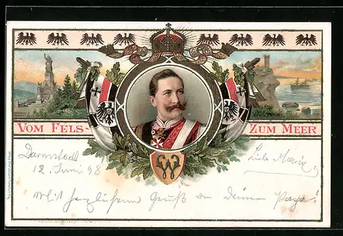 Lithographie Kaiser Wilhelm II., Fahnen und Denkmal