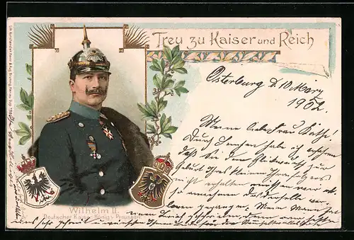 Lithographie Kaiser Wilhelm II. mit Pickelhaube, Wappen