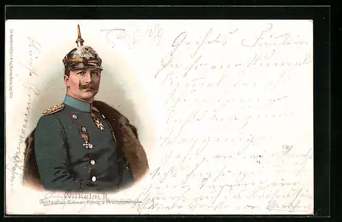 Lithographie Kaiser Wilhelm II. mit Pickelhaube