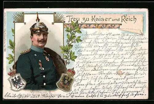 Lithographie Kaiser Wilhelm II. mit Pickelhaube in Uniform
