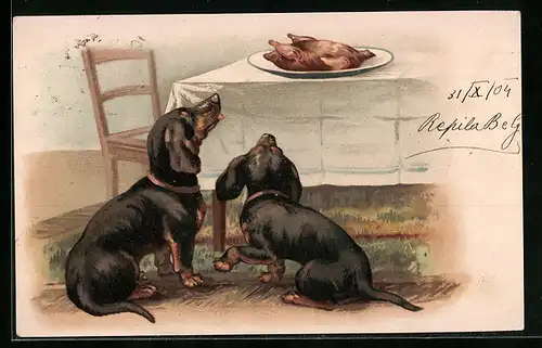 Lithographie Zwei Dackel beäugen ein Brathuhn auf einem Tisch