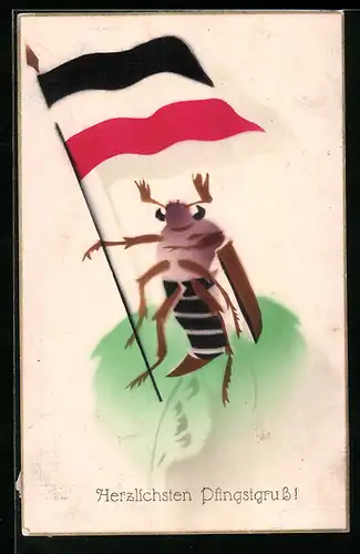 AK Maikäfer mit deutscher Nationalflagge, Pfingstgruss