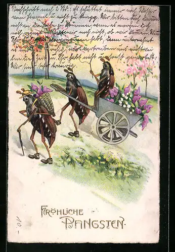 AK Drei Maikäfer mit Blumenkarre und -korb unterwegs, Pfingstgruss
