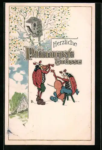 AK Maikäfer beim Musizieren mit Cello und Geige, Singender Vogel, Pfingstgruss