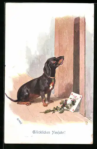 AK Dackel mit Brief und Stechpalmenzweig vor einer Tür, Neujahrsgruss