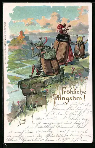Präge-Lithographie Maikäferfamilie geniesst den Ausblick bei einer Wanderung, Pfingstgruss