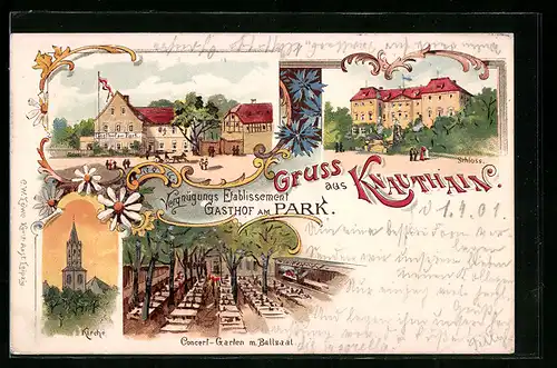 Lithographie Knauthain, Vergnügungs Etablissement Gasthof am Park, Kirche, Concert-Garten m. Ballsaal