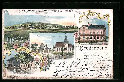 Lithographie Breitenborn, Pfarre und Kirche, L. Ledig Materialwaarenhandlung