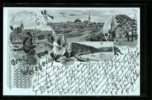 Mondschein-Lithographie Welzheim, Ebnisee, Unter den Linden, Totalansicht