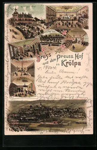 Lithographie Krölpa, Schreiber`s Hotel, Innenansichten Gast-Zimmer und Ball-Saal