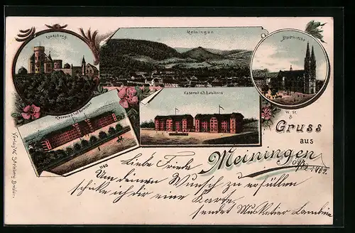 AK Meiningen, Landsberg, Stadtkirche, Kaserne d. 1. u. 2. Bataillons