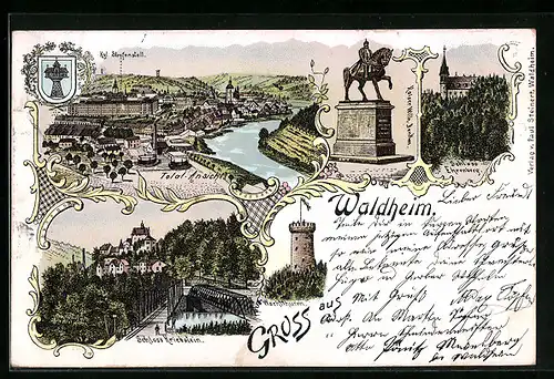 Lithographie Waldheim, Schloss Ehrenberg, Schloss Kriebstein, Kaiser Wilhelm-Denkmal