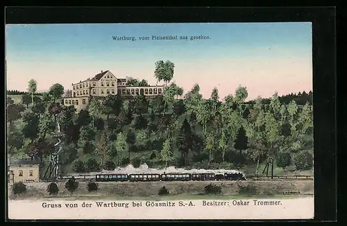 AK Gössnitz /S.-A., Gasthaus zur Wartburg mit Eisenbahn vom Pleisenthal aus gesehen