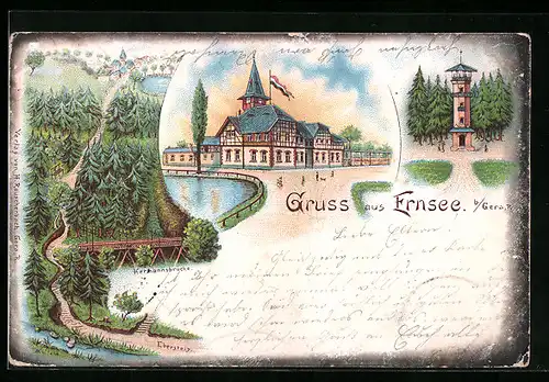 Lithographie Gera, Gasthaus Ernsee, Aussichtsturm, Hermannsbrücke mit Eberstein