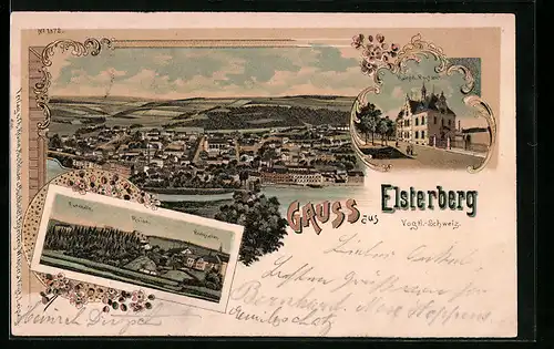 Lithographie Elsterberg /Vogtl.-Schweiz, Ruine mit Gasthaus Burgkeller und Turnhalle, Kaiserliches Postamt, Teilansicht