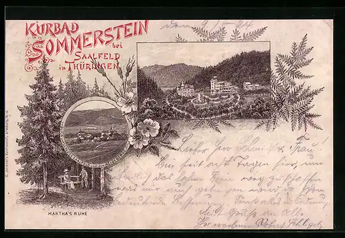 Lithographie Saalfeld in Thüringen, Hotel Bad Sommerstein, Blick auf Schloss Saalfeld und die Heideberge, Martha`s Ruhe