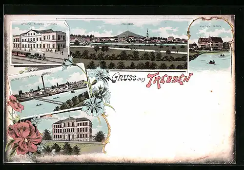 Lithographie Trebsen, Wiede`s Papierfabrik, Schloss Tresen, Bahnhof Nerchau-Trebsen