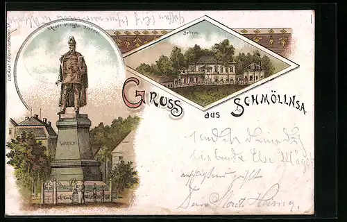 Lithographie Schmölln i. S.-A., Bellevue, Kaiser Wilhelm Denkmal