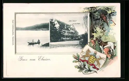 Passepartout-Lithographie Ebnisee, Hotel Ebnisee, Jagdszene mit Wappen