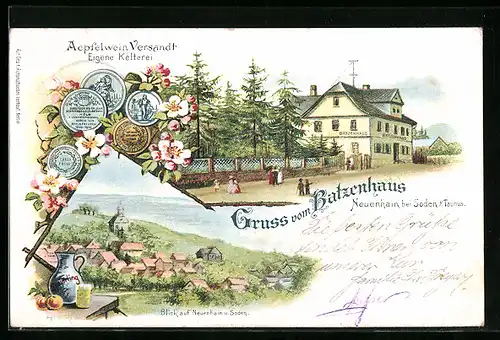 Künstler-AK Neuenhain i. Taunus, Kelterei Batzenhaus und Gesamtansicht