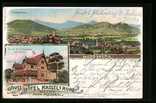 Lithographie Bonn, Godesberg, Siebengebirge, Kaiser Wilhelmshöhe, Hotel Kasselsruhe