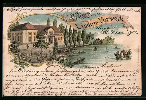 Lithographie Kohren, Linden-Vorwerk mit Uferpartie