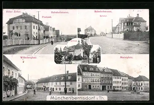 AK Münchenbernsdorf i. Th., Bahnhofstrasse, Postamt, Marktplatz, Wilhelmsplatz