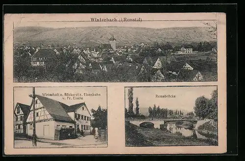 AK Winterbach /Remstal, Panorama, Gasthaus und Bäckerei zur Eisenbahn Fr. Eisele, Remsbrücke