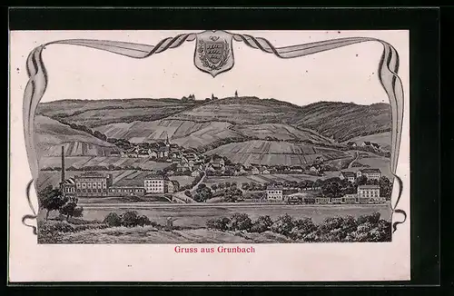 Relief-AK Grunbach, Gesamtansicht mit Umgebung, Wappen