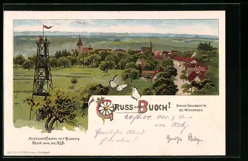 Lithographie Buoch, Ortsansicht mit Aussichtsturm und Alb-Blick