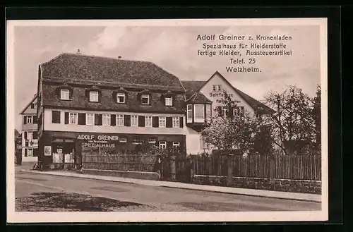 AK Welzheim, Geschäftshaus Adolf Greiner zum Kronenladen mit Strasse