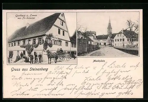 AK Steinenberg bei Schorndorf, Gasthaus zum Lamm Fr. Sommer, Marktplatz mit Kirche