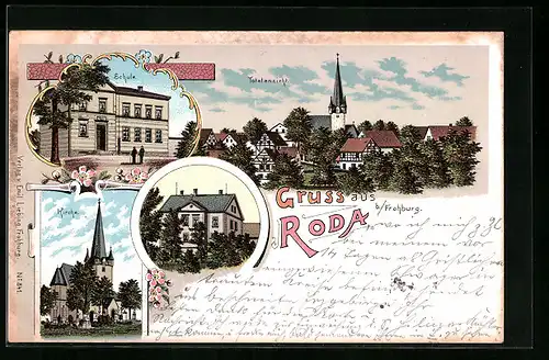 Lithographie Roda bei Frohburg, Teilansicht, Schule, Villa